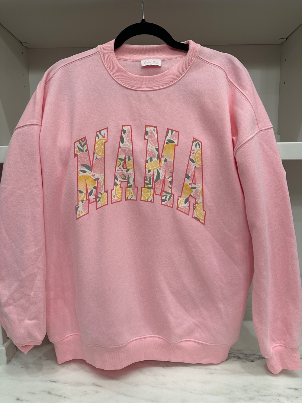 Pink Lily small Pink Floral-Print Graphic Sweatshirt.  Mama logo. Like new